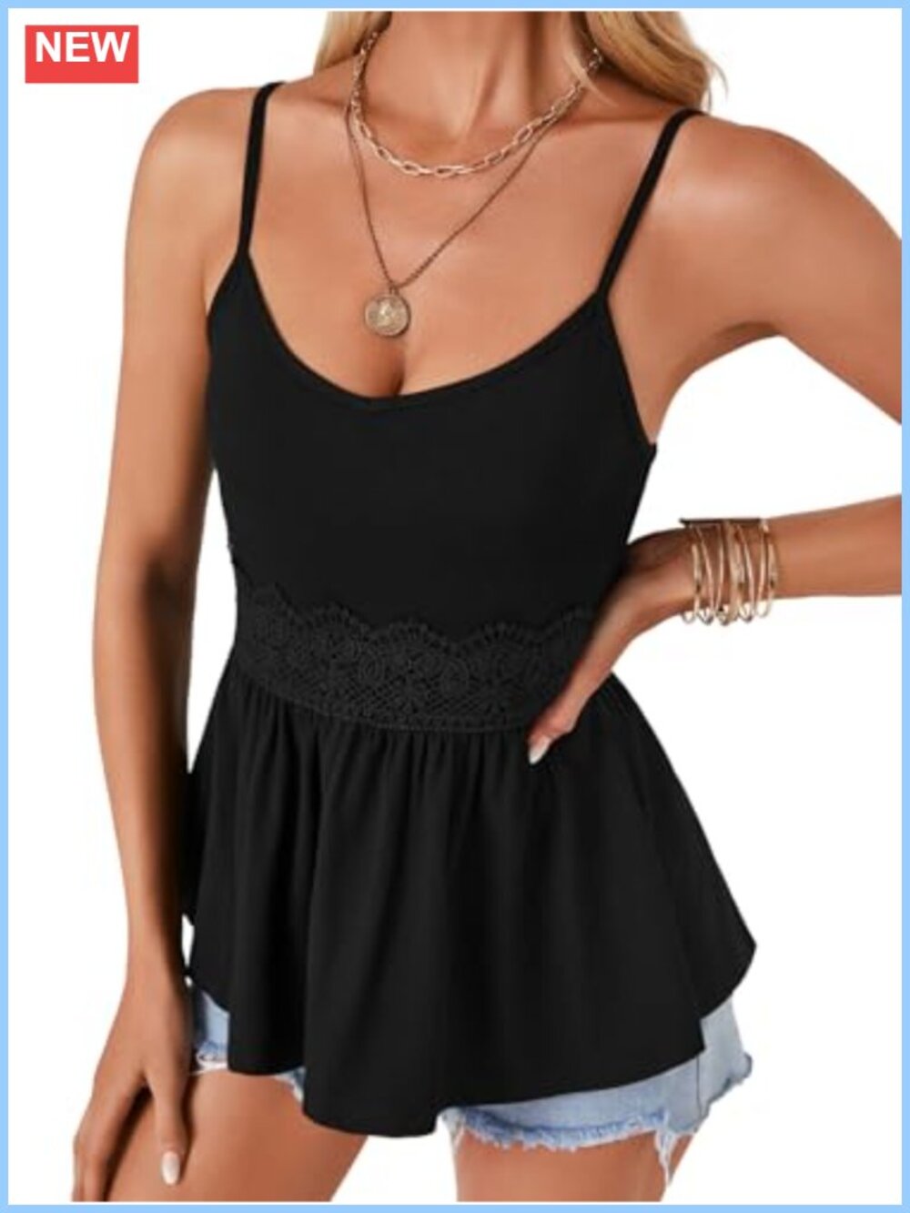 Spaghetti Strap Peplum Cami Tank Top Lace Trim Sleeveless Viscose